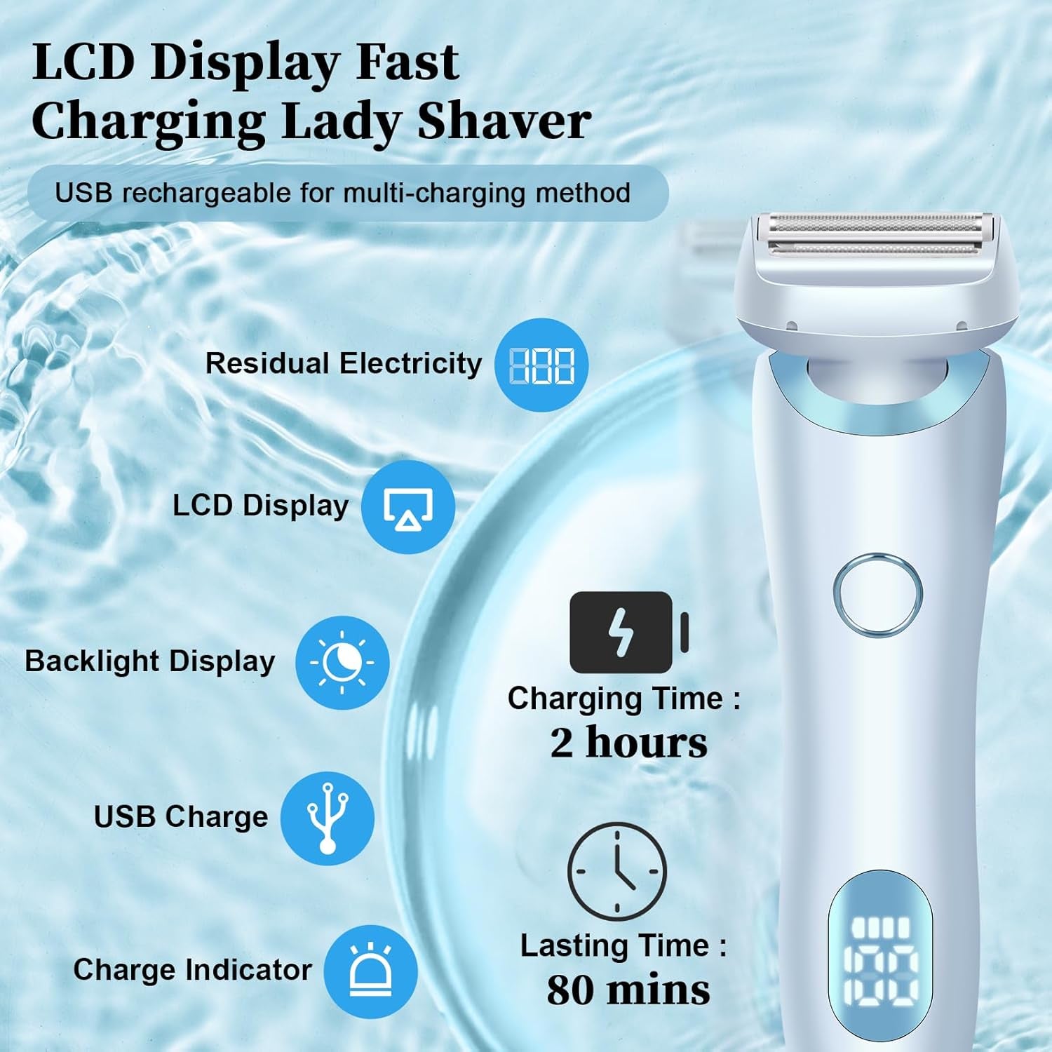 Electric Shaver Razors for Women 2-IN-1 Electric Razor for Womens Legs Underarm Face Pubic Hairs,Wet Dry Use Rechargeable Bikini Trimmer Hair Removal with Detachable Head,Painless IPX7 Waterproof Blue