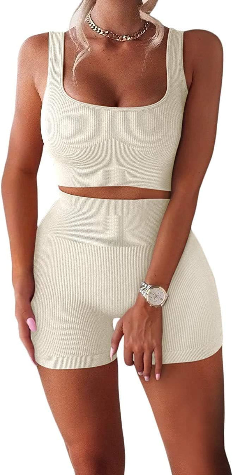 Women'S Workout Sets Ribbed Tank 2 Piece Seamless High Waist Gym Outfit Yoga Shorts Sets