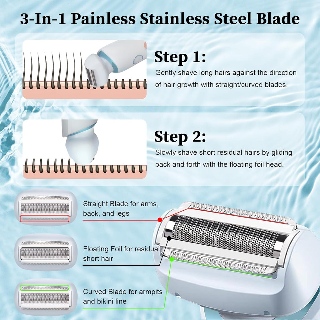 Electric Shaver Razors for Women 2-IN-1 Electric Razor for Womens Legs Underarm Face Pubic Hairs,Wet Dry Use Rechargeable Bikini Trimmer Hair Removal with Detachable Head,Painless IPX7 Waterproof Blue