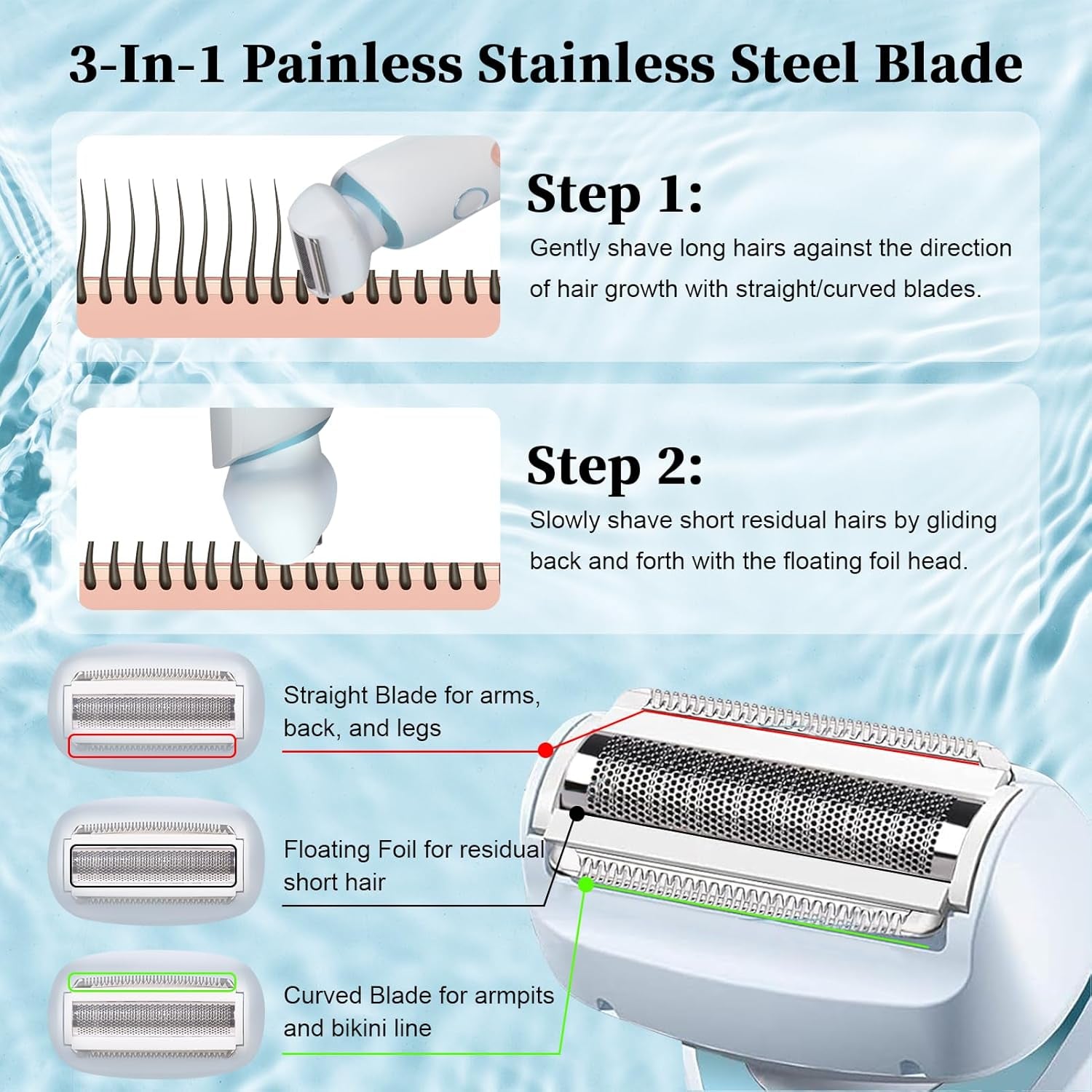 Electric Shaver Razors for Women 2-IN-1 Electric Razor for Womens Legs Underarm Face Pubic Hairs,Wet Dry Use Rechargeable Bikini Trimmer Hair Removal with Detachable Head,Painless IPX7 Waterproof Blue